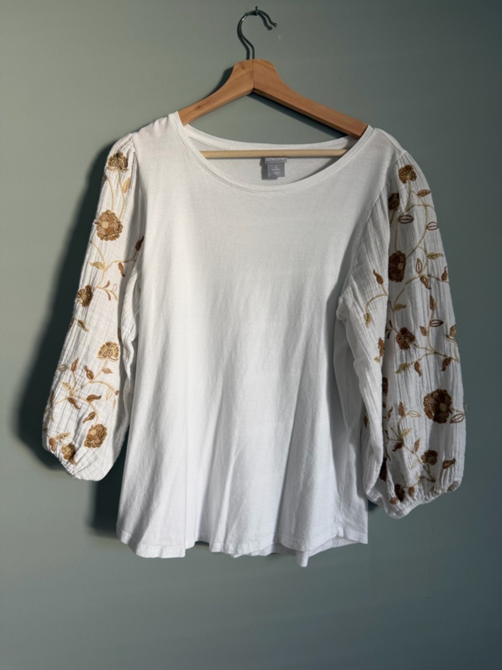 Chico's White shirt with Gold Floral Embroidered Balloon Sleeves